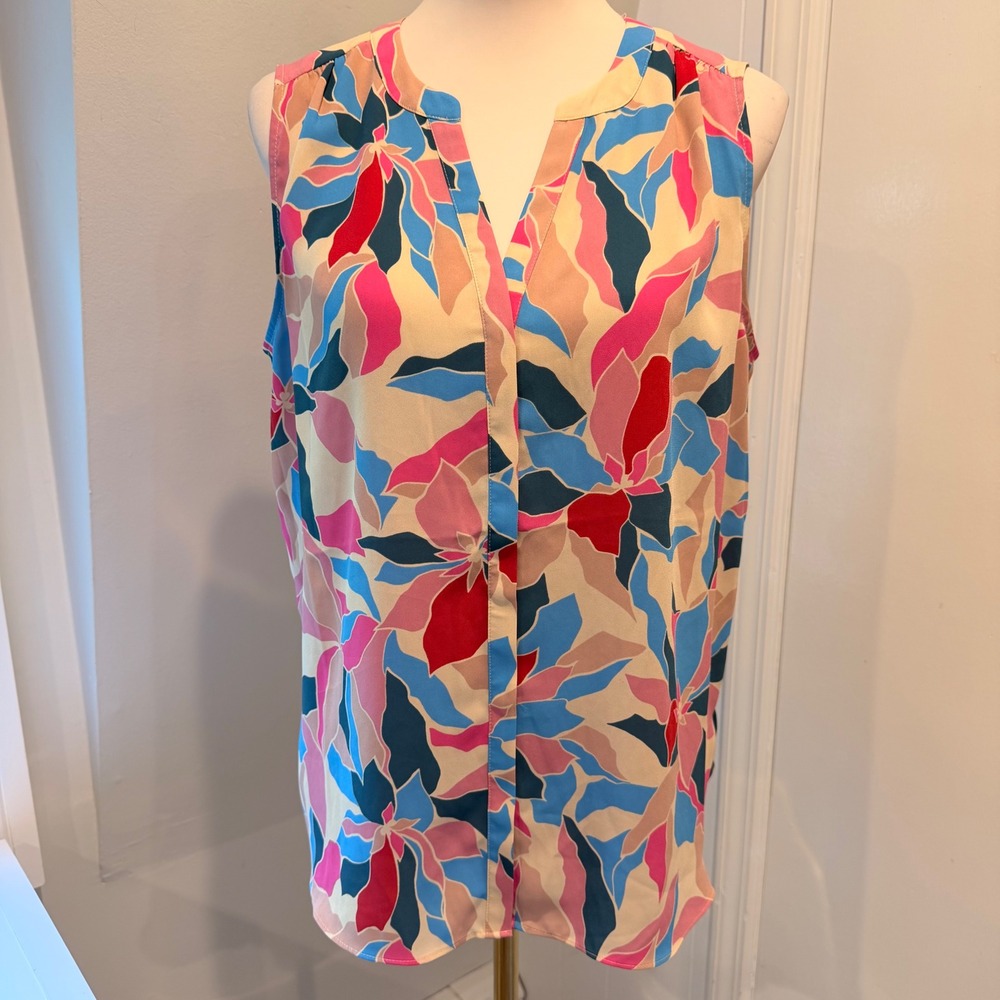 NYDJ Multicolor Floral Pintuck Sleeveless Blouse V-Neck Top | Size M